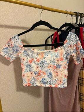 Hollister White Crop Top with Coral & Blue Floral Print